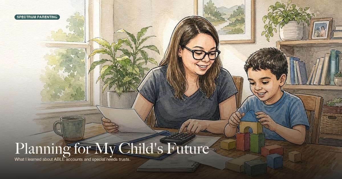 Watercolor illustration of Caren reviewing planning papers while Joey builds a block house, with the headline Planning for My Child's Future
