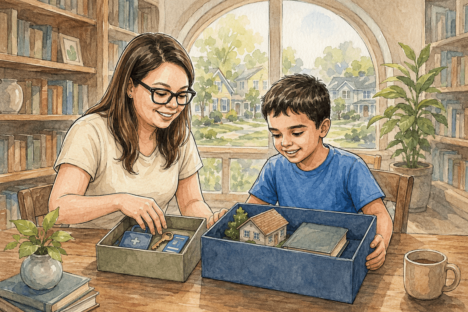 Watercolor illustration of Caren and Joey organizing two boxes that represent an ABLE account and a special needs trust working together