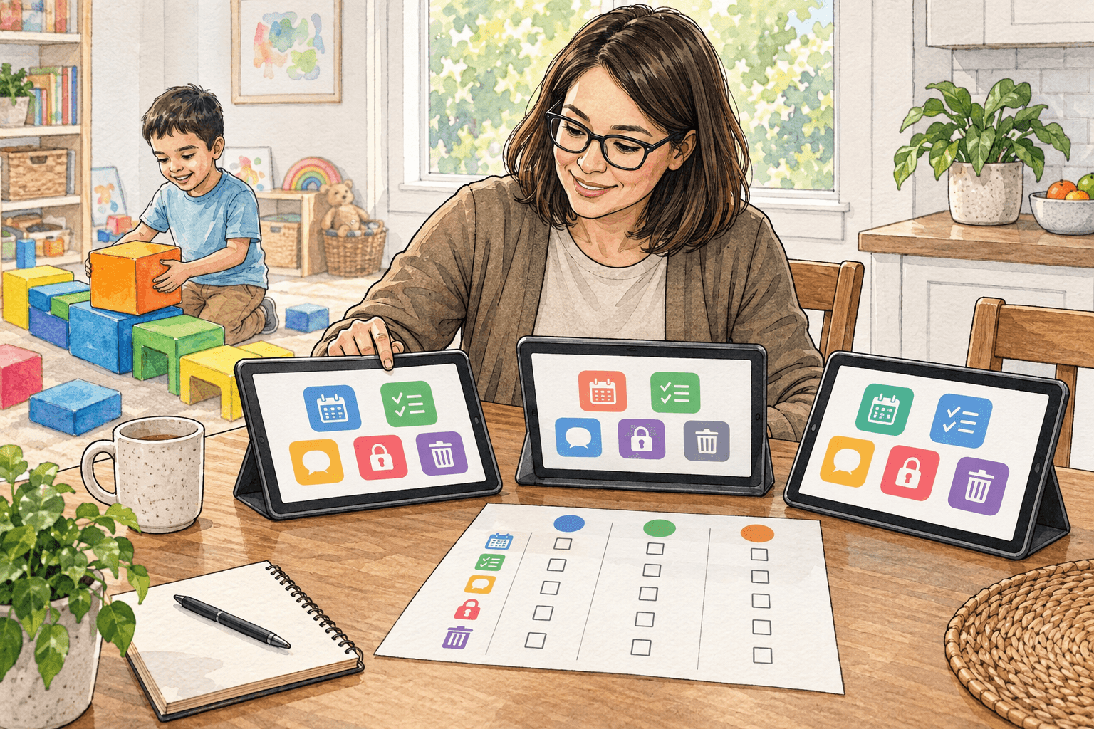 AI Apps and Autism: What Is Actually Worth Trying in 2026 2 Watercolor illustration of a parent comparing AI-assisted visual schedule, task, and communication tools with a privacy checklist