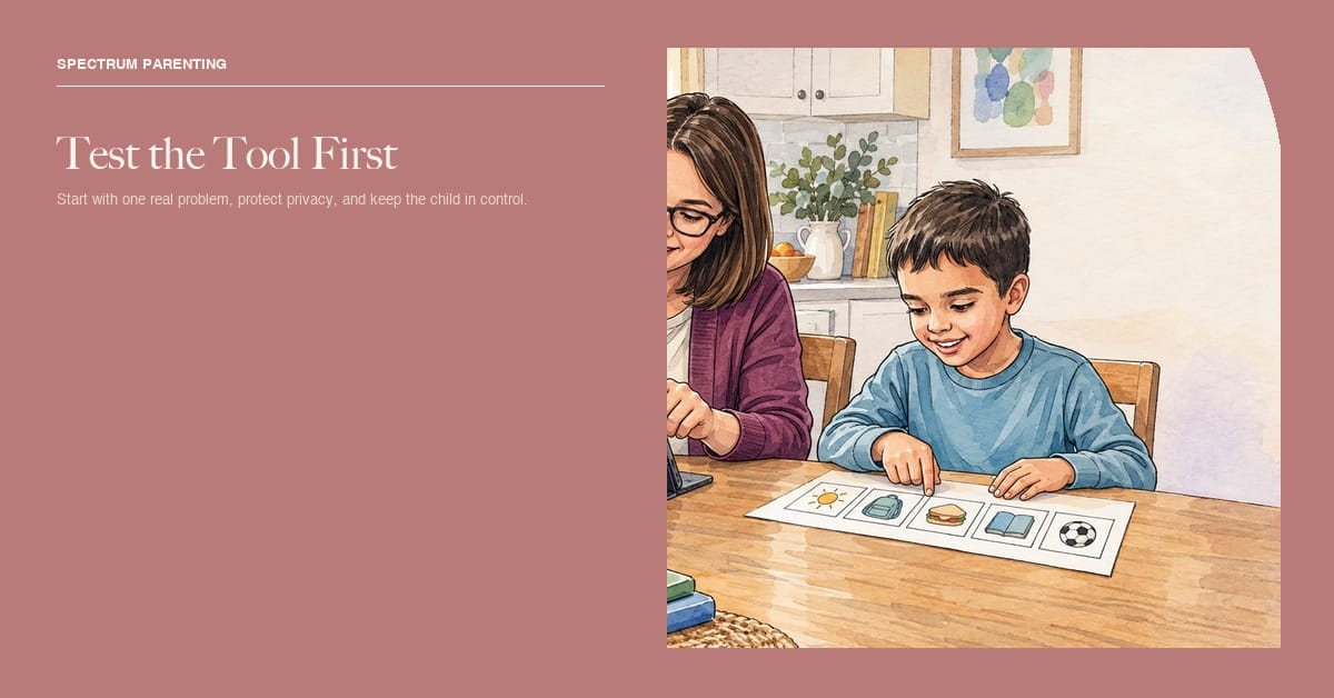AI Apps and Autism: What Is Actually Worth Trying in 2026 1 Watercolor card showing a parent testing an AI planning tool while a child uses a visual schedule