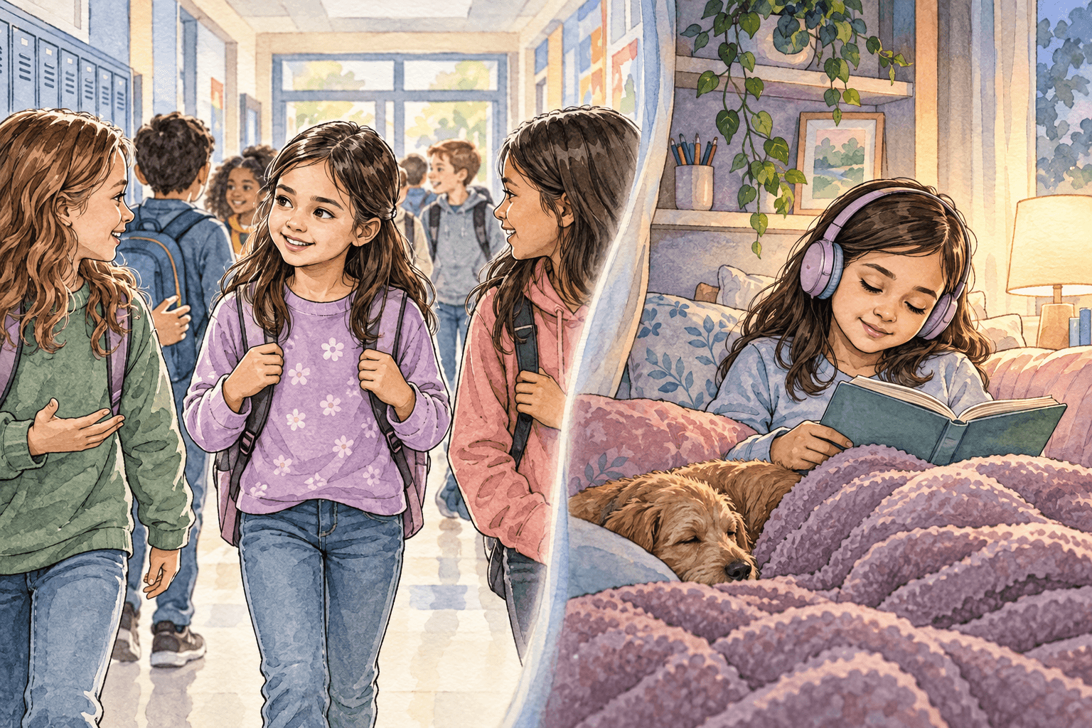 Watercolor illustration showing the contrast between a composed school day and quiet recovery at home