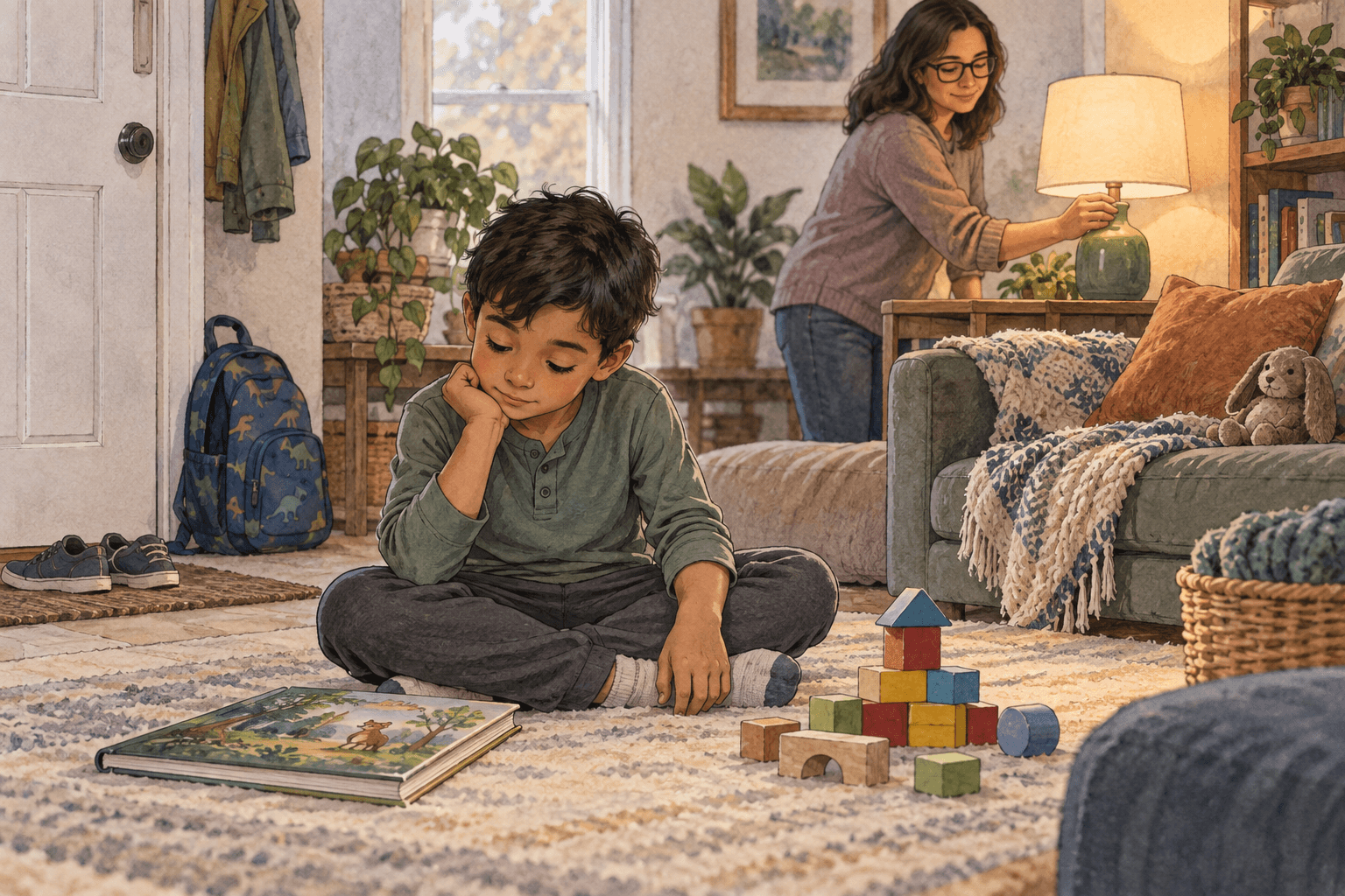 Autistic Burnout: What Parents Should Understand and What We Still Don't Know 2 A child rests with books and blocks while a parent softens the room lighting after school