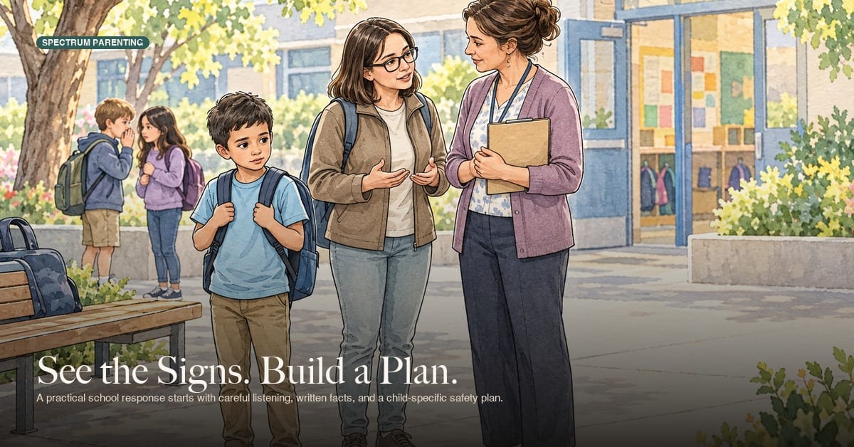 Bullying and Autism: Signs Parents and Schools Should Watch For 1 Watercolor feature card showing a parent, autistic child, and school staff member making a safety plan