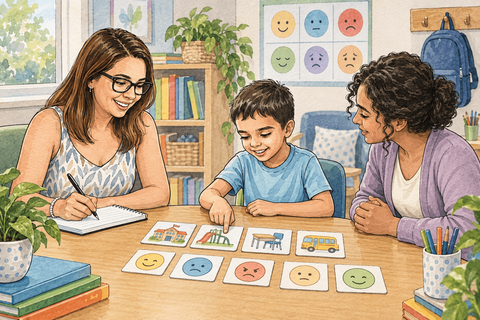 Bullying and Autism: Signs Parents and Schools Should Watch For 2 Watercolor illustration of a child using picture choices to tell a trusted school adult what happened