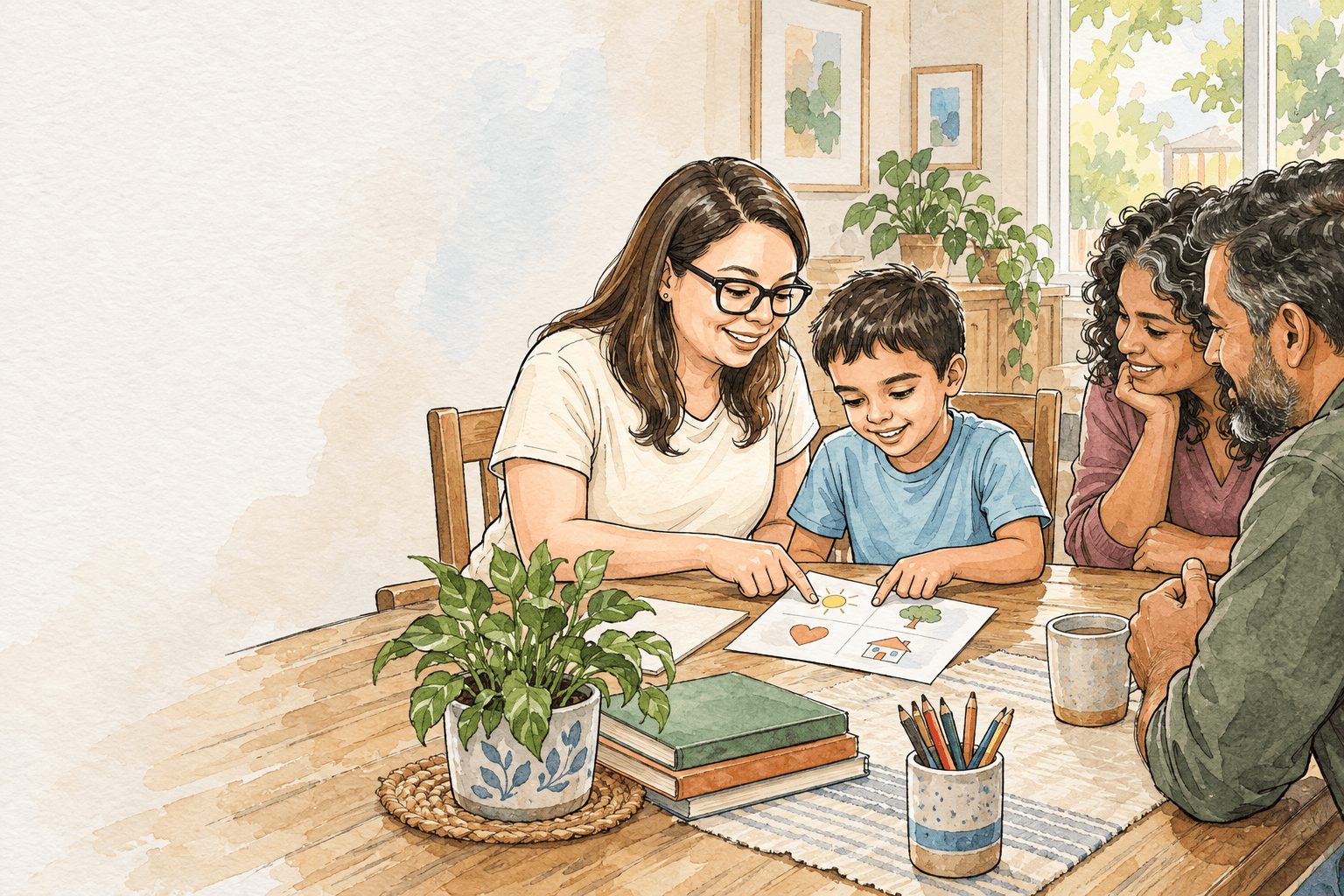 Watercolor illustration of a mother and autistic child using a picture page while relatives listen at a dining table