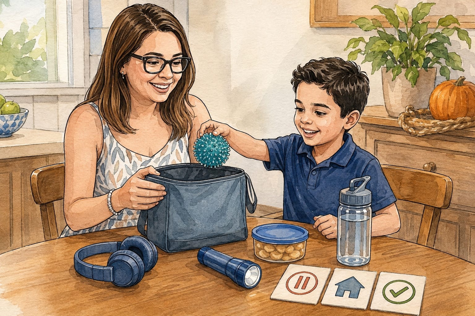 Caren and Joey packing headphones, a flashlight, water, a snack, a fidget, and picture cards into a Halloween calm kit