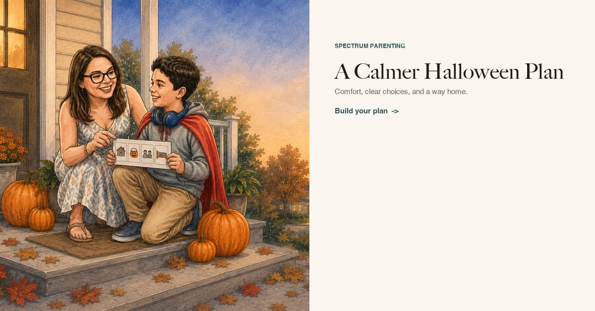 Caren and Joey previewing a visual plan for a calm sensory-friendly Halloween