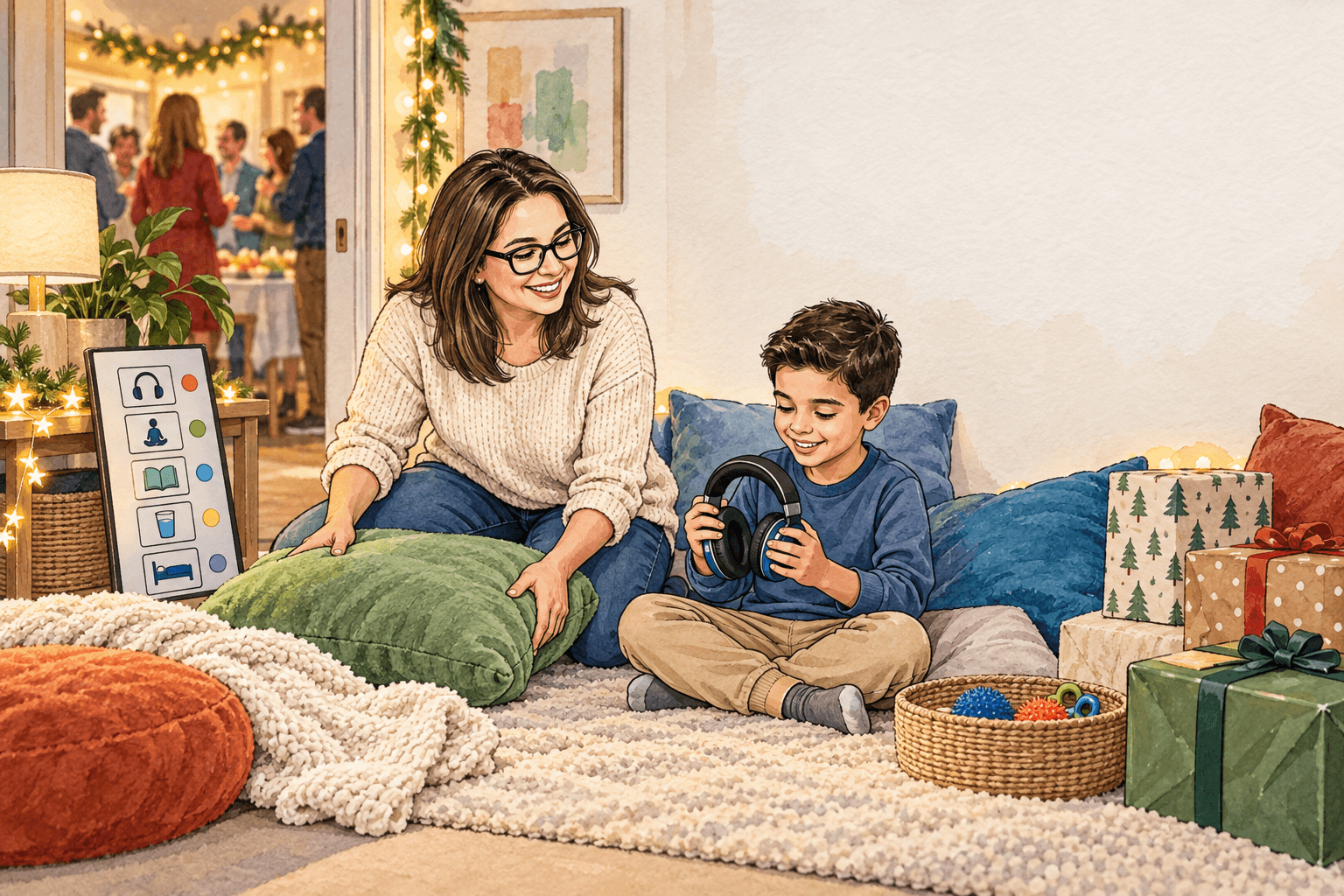 Watercolor illustration of a parent and child preparing a calm holiday corner
