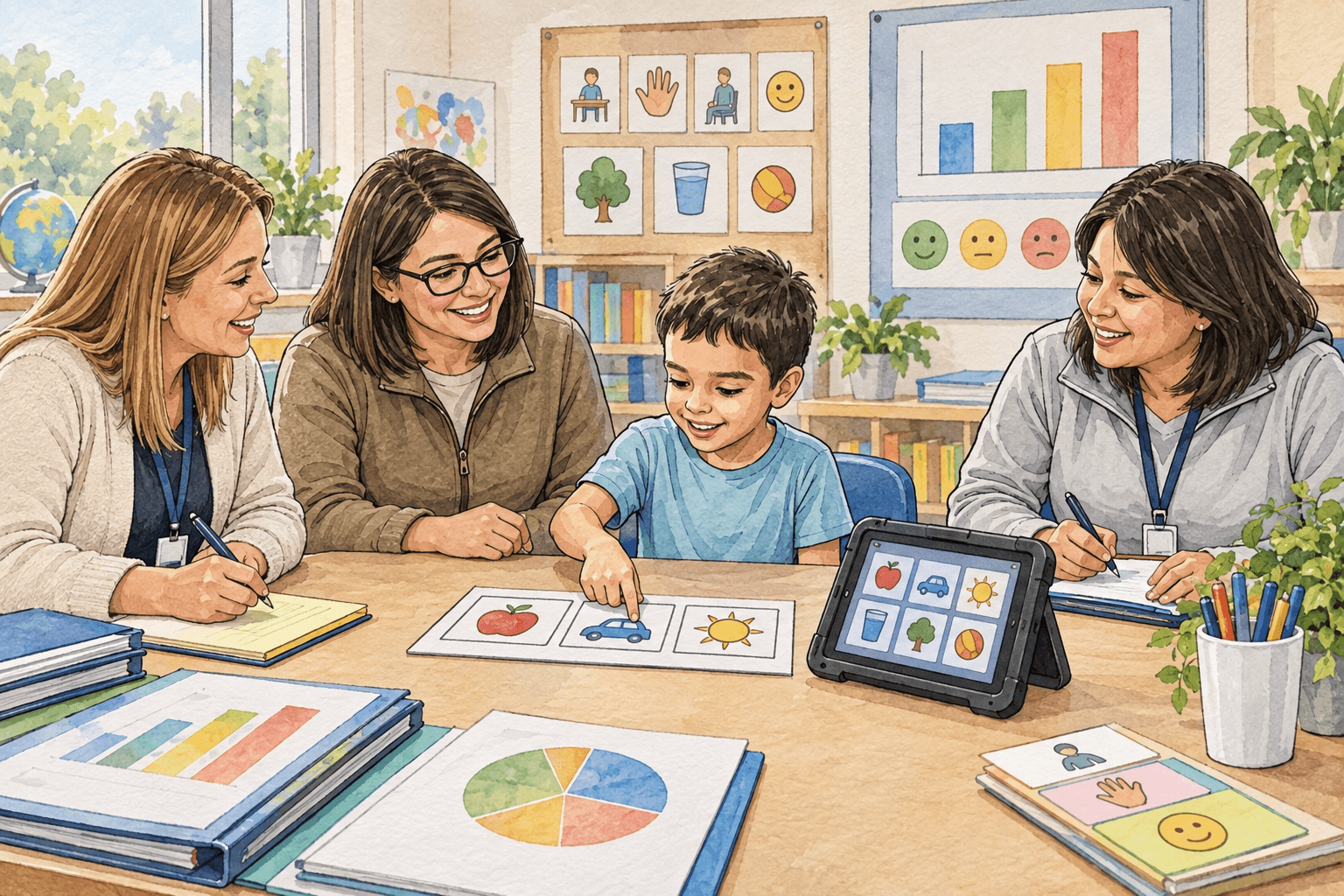 Watercolor illustration of a parent organizing an IEP, progress reports, questions, and a school calendar