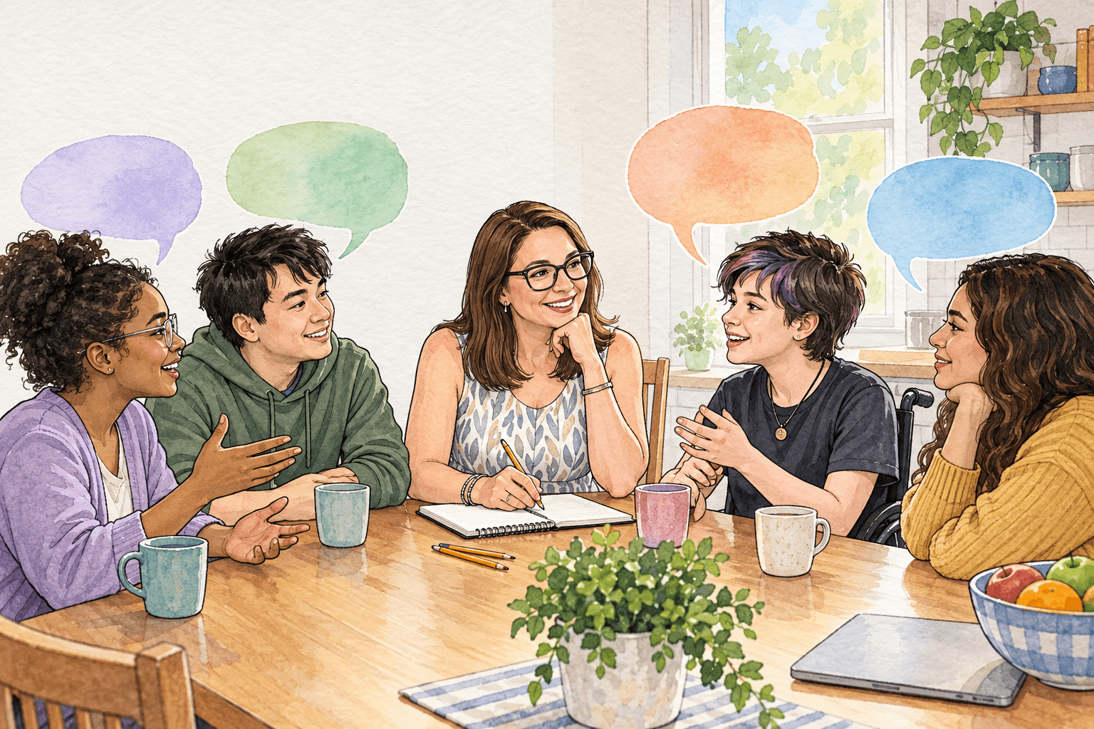 Watercolor illustration of a parent listening to autistic people discuss language preferences