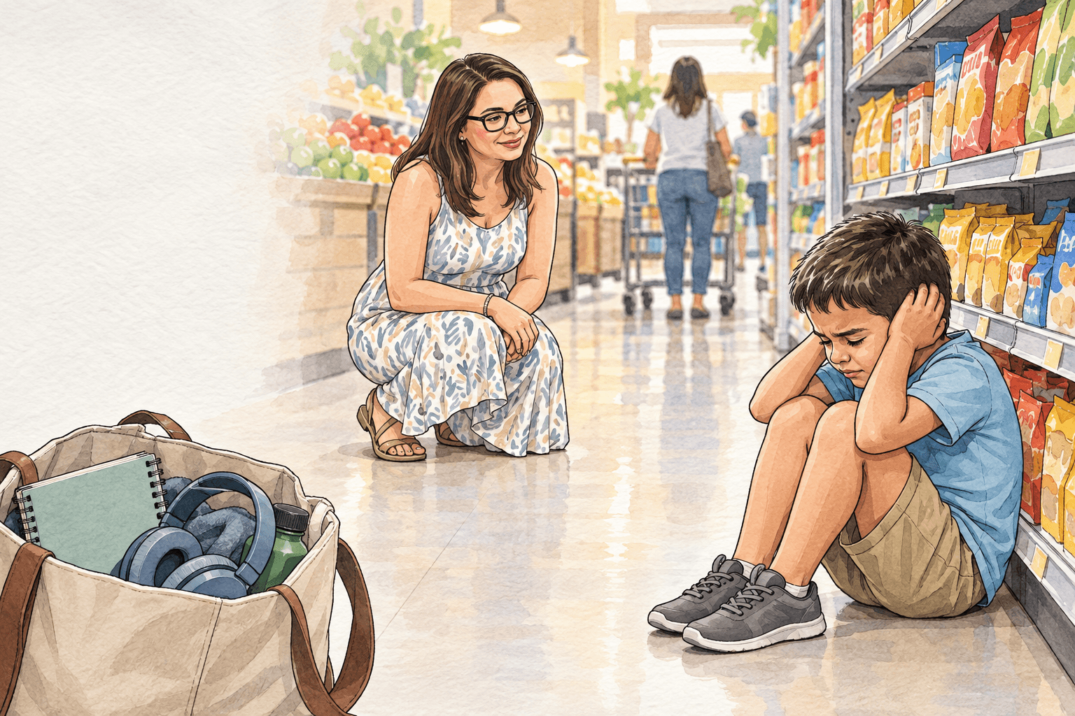 Meltdown vs. Tantrum: How Parents Can Tell the Difference 2 Watercolor illustration of a parent giving an overwhelmed child space in a grocery store