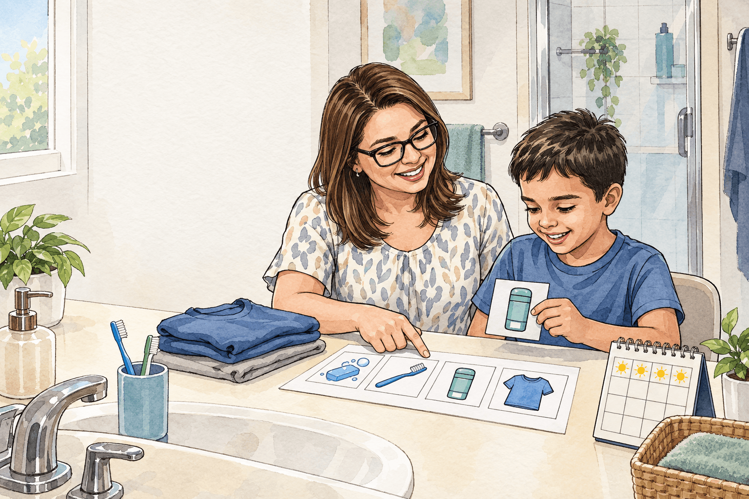 Autism and Puberty: What Parents of Younger Children Should Learn Now 2 Watercolor illustration of a parent and eight-year-old child building a visual hygiene routine