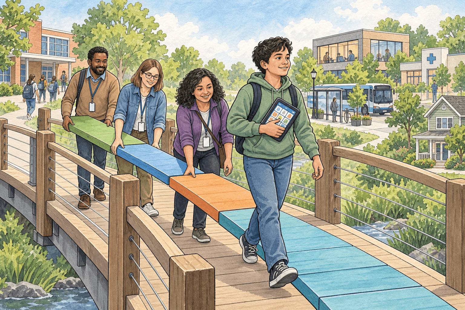 The Services Cliff: What Parents Should Understand Before High School Ends 2 Watercolor illustration of a parent and child building a bridge between school and adult community supports