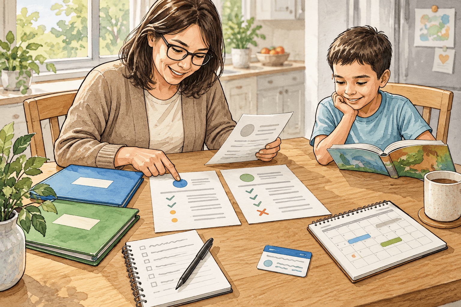 Watercolor illustration of a parent comparing evaluation records, questions, and a calendar