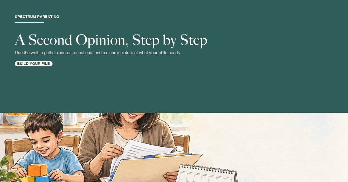 Watercolor card showing a parent organizing evaluation reports, questions, and a calendar