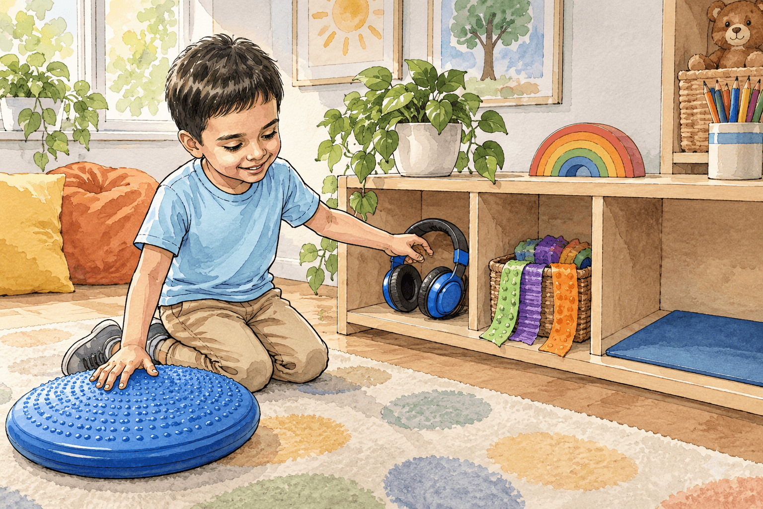 Stimming Isn’t a Problem to Fix 2 Watercolor illustration of an autistic child choosing among safe sensory and movement options