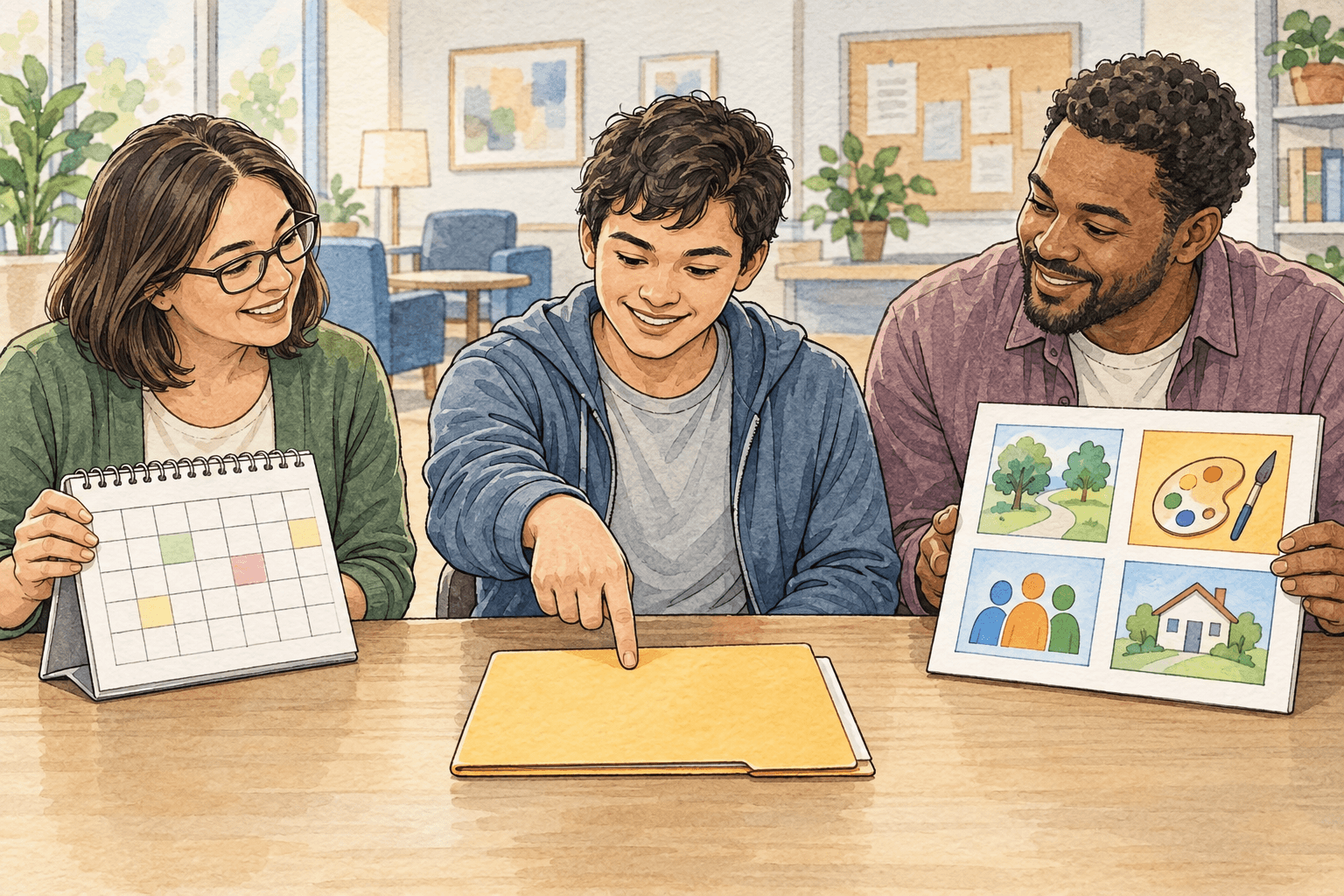 Guardianship at 18: Questions to Ask Before Your Child Turns 18 2 Watercolor illustration of a parent and young person sorting decision areas into independent choices and supported choices