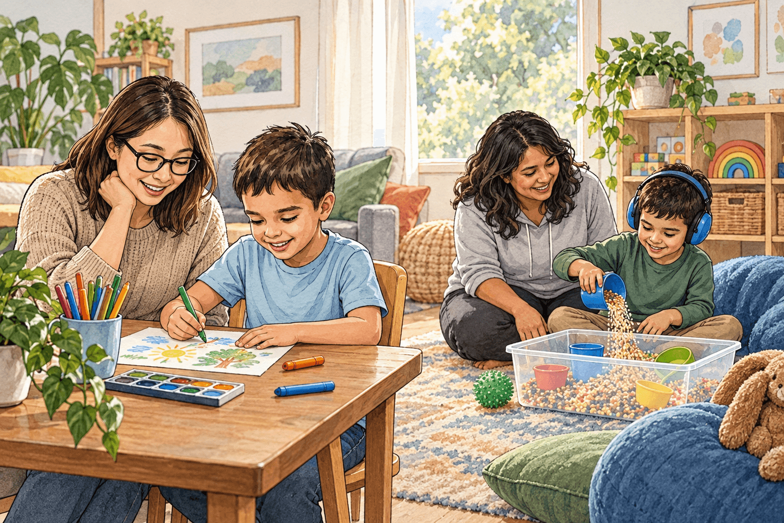 Watercolor illustration of two siblings choosing separate activities while a parent gives each child attention