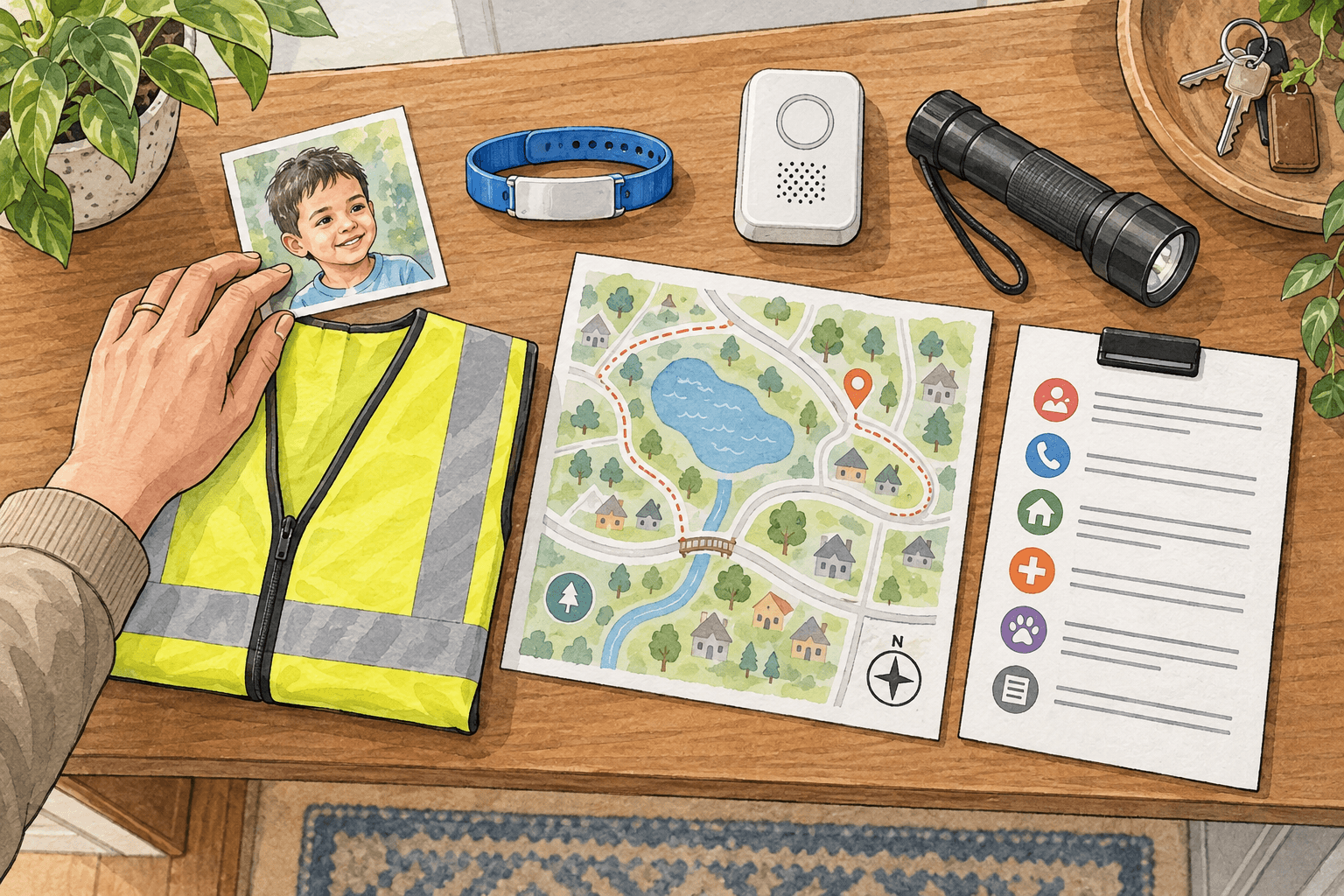 Wandering and Elopement: Building a Safer Home and Community Plan 2 Watercolor illustration of a wandering safety kit with identification, a door alarm, flashlight, map, and emergency contacts