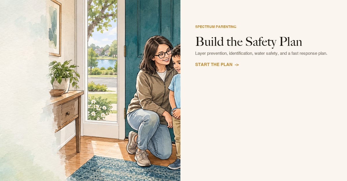 Wandering and Elopement: Building a Safer Home and Community Plan 1 Watercolor card showing a parent and child practicing a calm home wandering safety routine